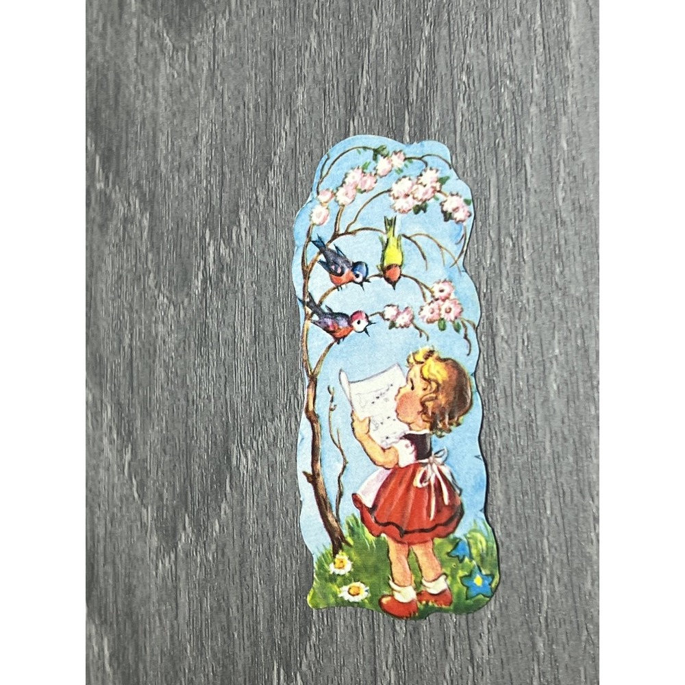 Vintage Die-Cut Little Girl Reading to Birds Spring Blossom Ephemera Art - Picture 2 of 4